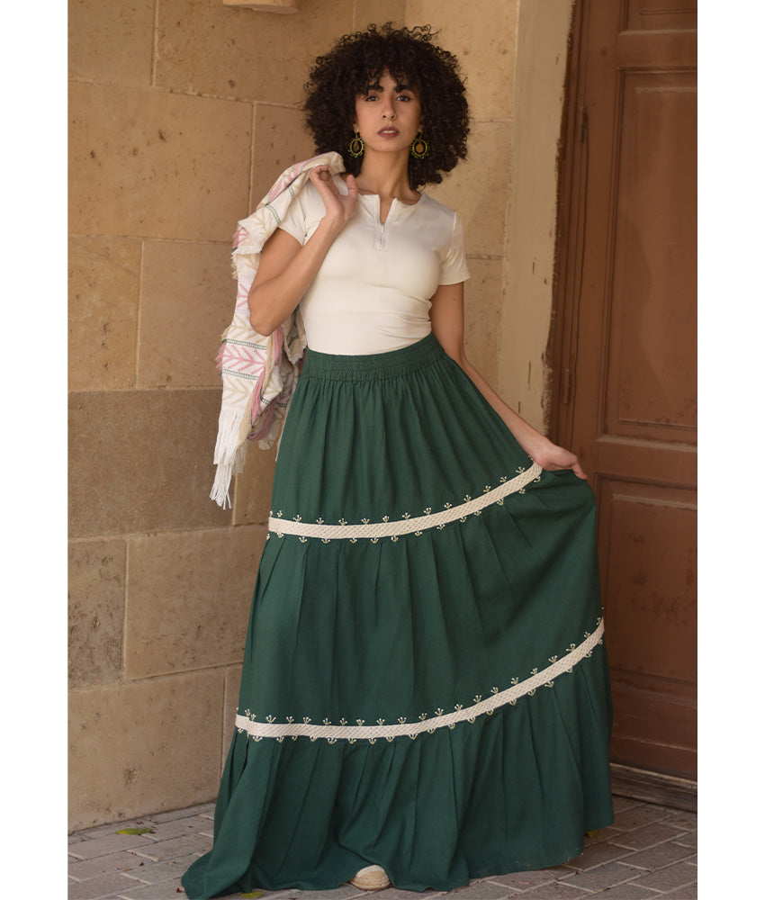 Emerald green Linen Skirt with Hand Embroideries handmade in Egypt & available at Jozee Boutique.
