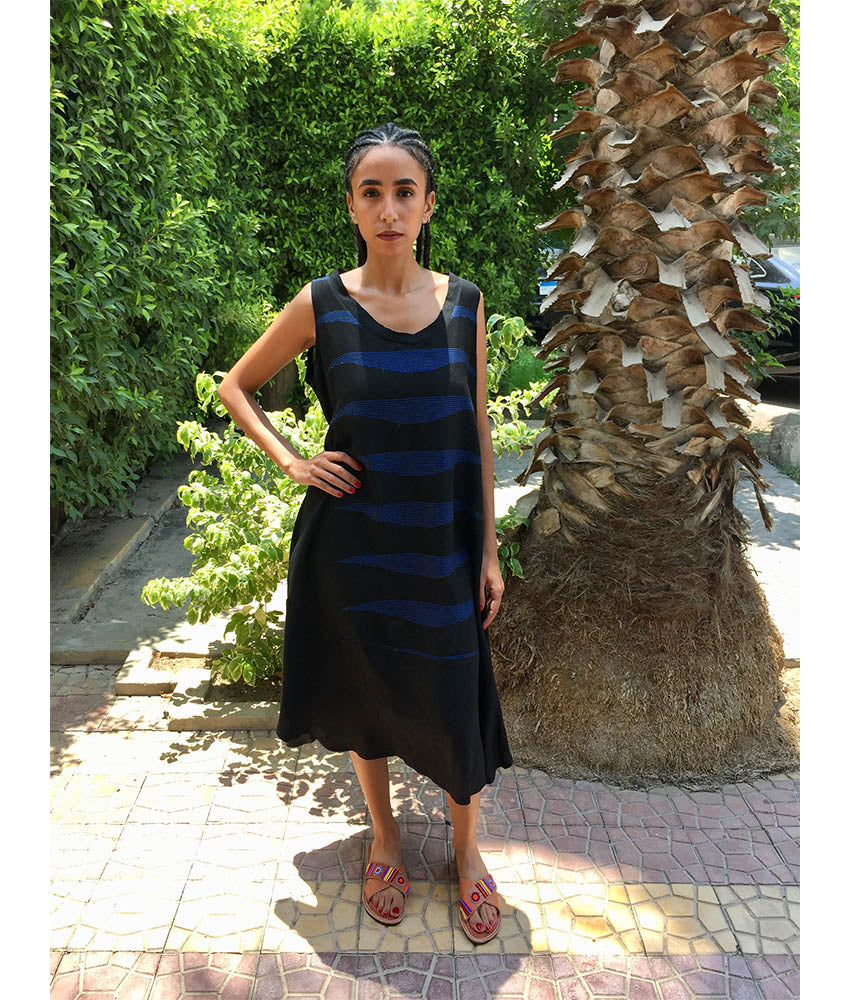 Black & Blue Viscose Midi Sleeveless Dress Handmade in Egypt & available in Jozee boutique