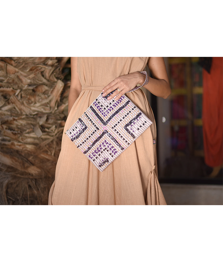Off white & Beige Embroidered Clutch handmade in Egypt & available at Jozee Boutique.