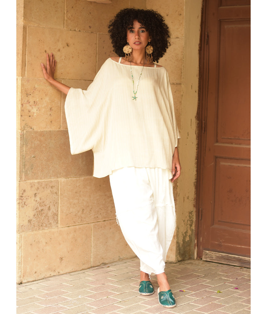 Off white Viscose Oversized Top with Flowing Silhouette handmade in Egypt & available at Jozee Boutique.