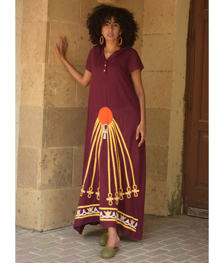 Burgundy Linen Dress with Khyamia Ancient Egyptian Crafts Patchwork handmade in Egypt & available at Jozee Boutique.
