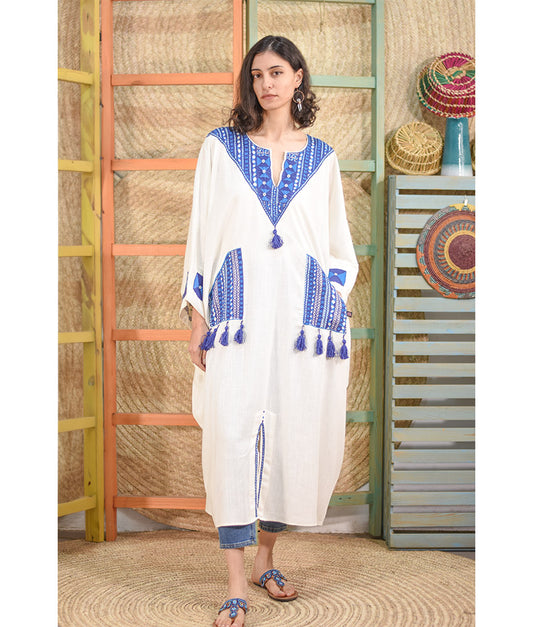 White Siwa Embroidered Linen Kaftan handmade in Egypt & available at Jozee boutique