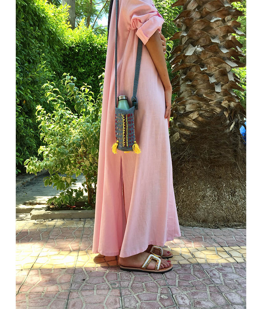 Slate Grey Embroidered Burlap Bottle Cover handmade in Egypt & available at Jozee Boutique.