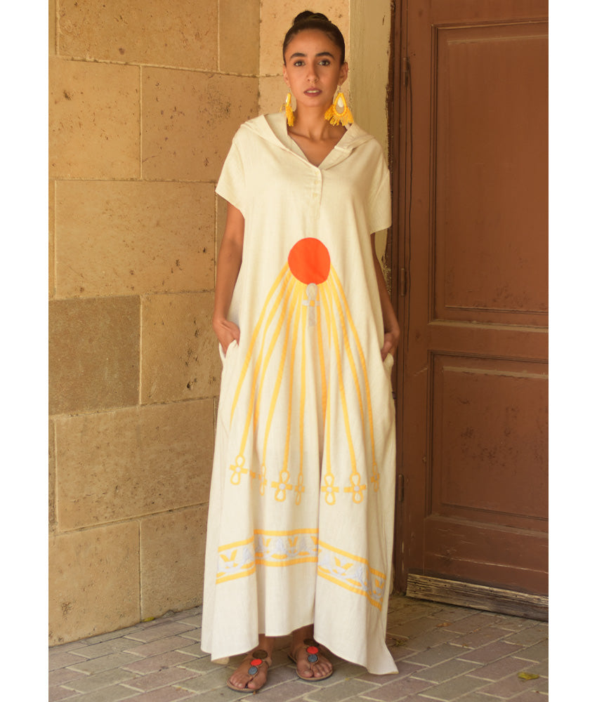 Off White Linen Dress with Khyamia Ancient Egyptian Crafts Patchwork handmade in Egypt & available at Jozee Boutique.