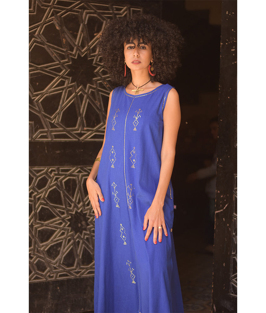 Electric Blue Linen Dress with Gold Tally Embroideries handmade in Egypt & available at Jozee boutique