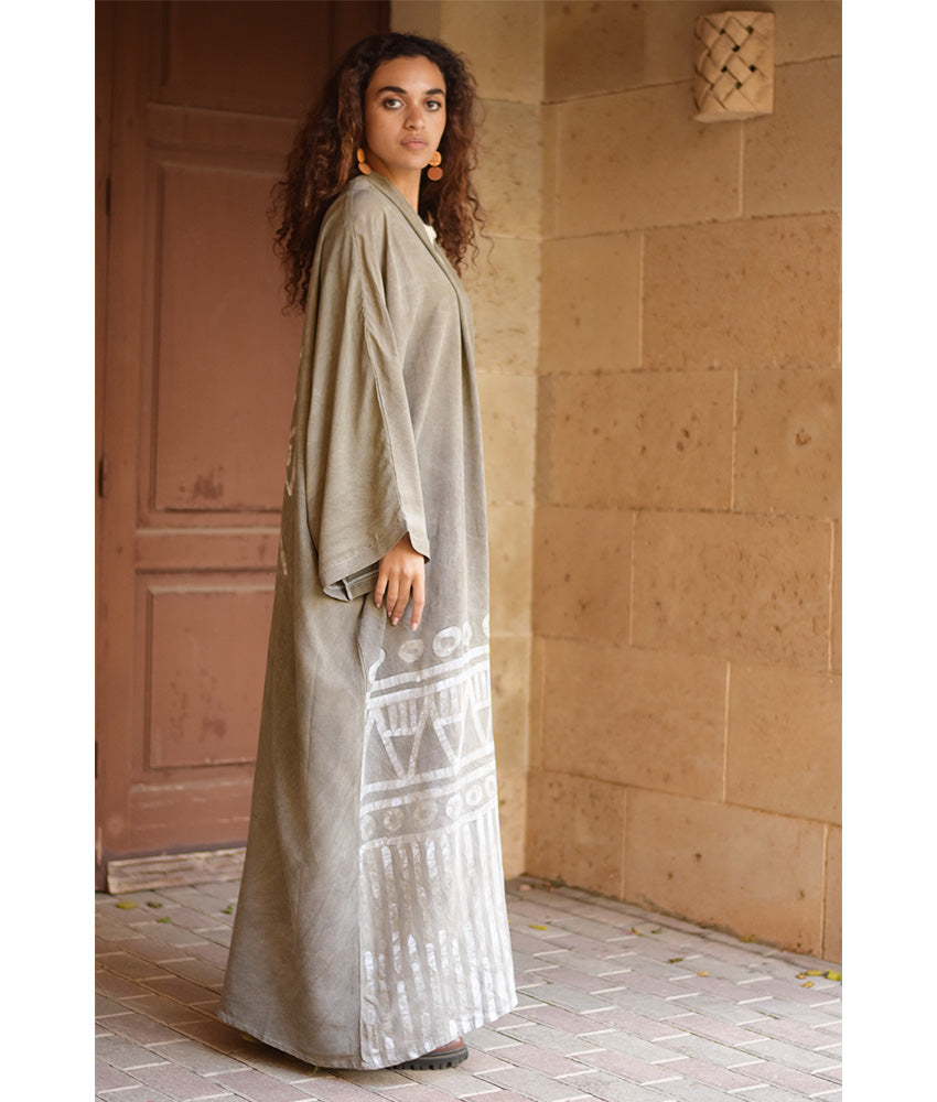 Olive Batik Dyed Nubian Cardigan handmade in Egypt & available at Jozee Boutique.