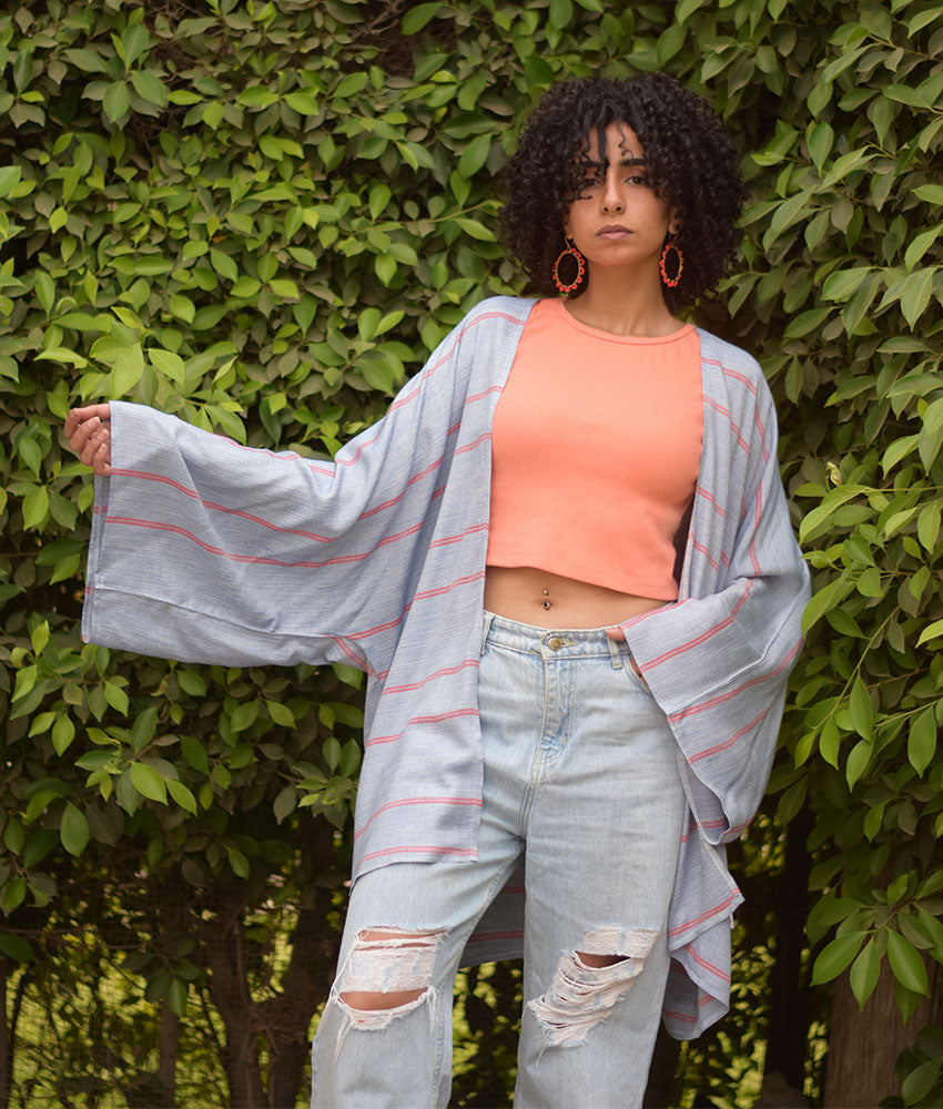 Baby Blue & Red handwoven Egyptian cotton cardigan handmade in Egypt & available at Jozee Boutique.