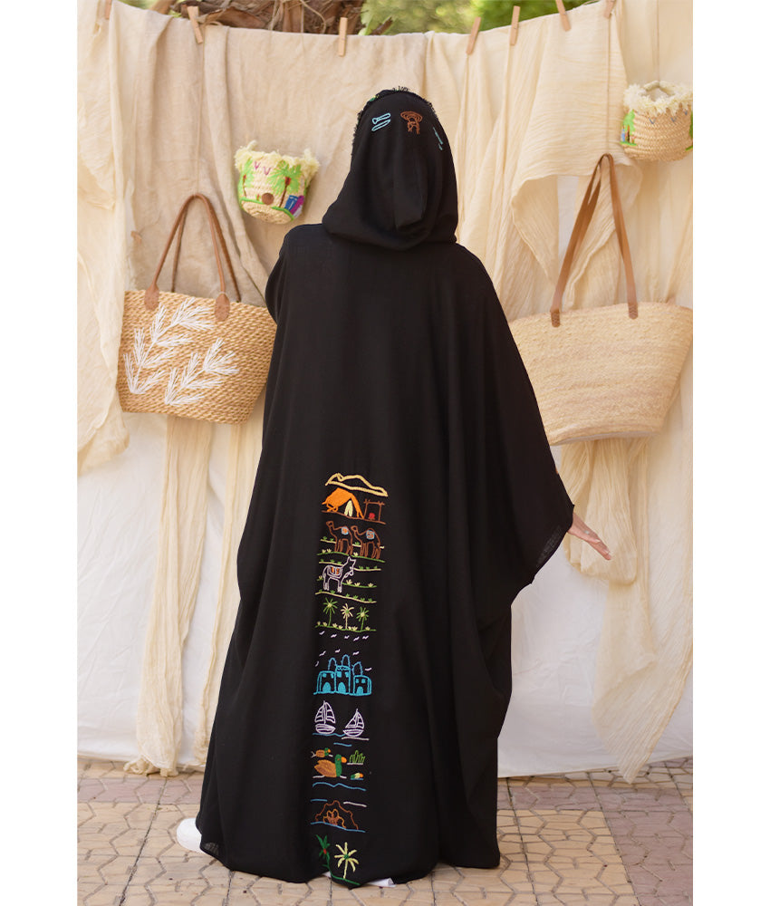 Black Hand Embroidered Linen Cardigan/Abaya with Hoodie handmade in Egypt & available at Jozee Boutique.
