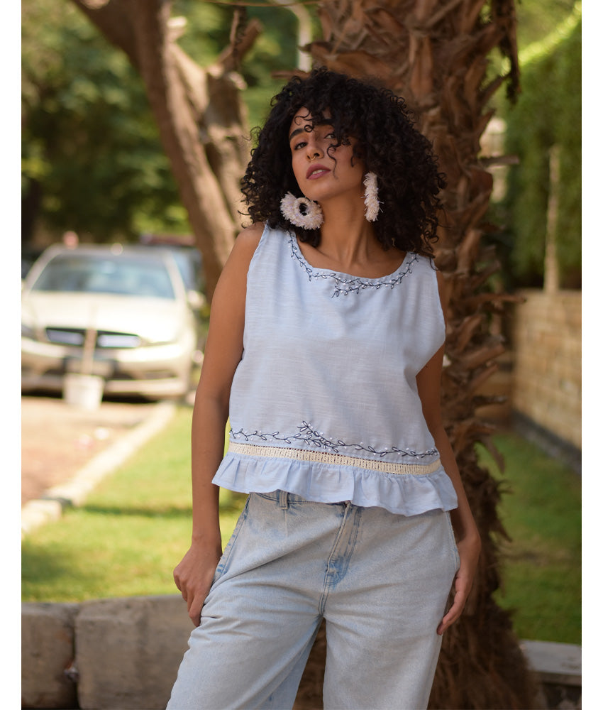 Baby blue Linen Set with Hand Embroideries handmade in Egypt & available at Jozee Boutique.