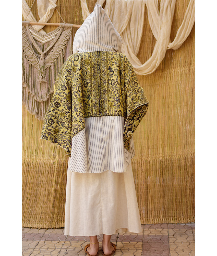 White, Black & Mustard Wool & Heavy Linen Double-Face Heritage Cape