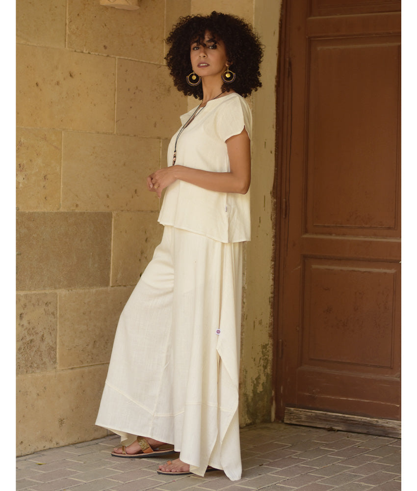 Off white Linen Draped Wide-Leg Pants handmade in Egypt & available in Jozee boutique