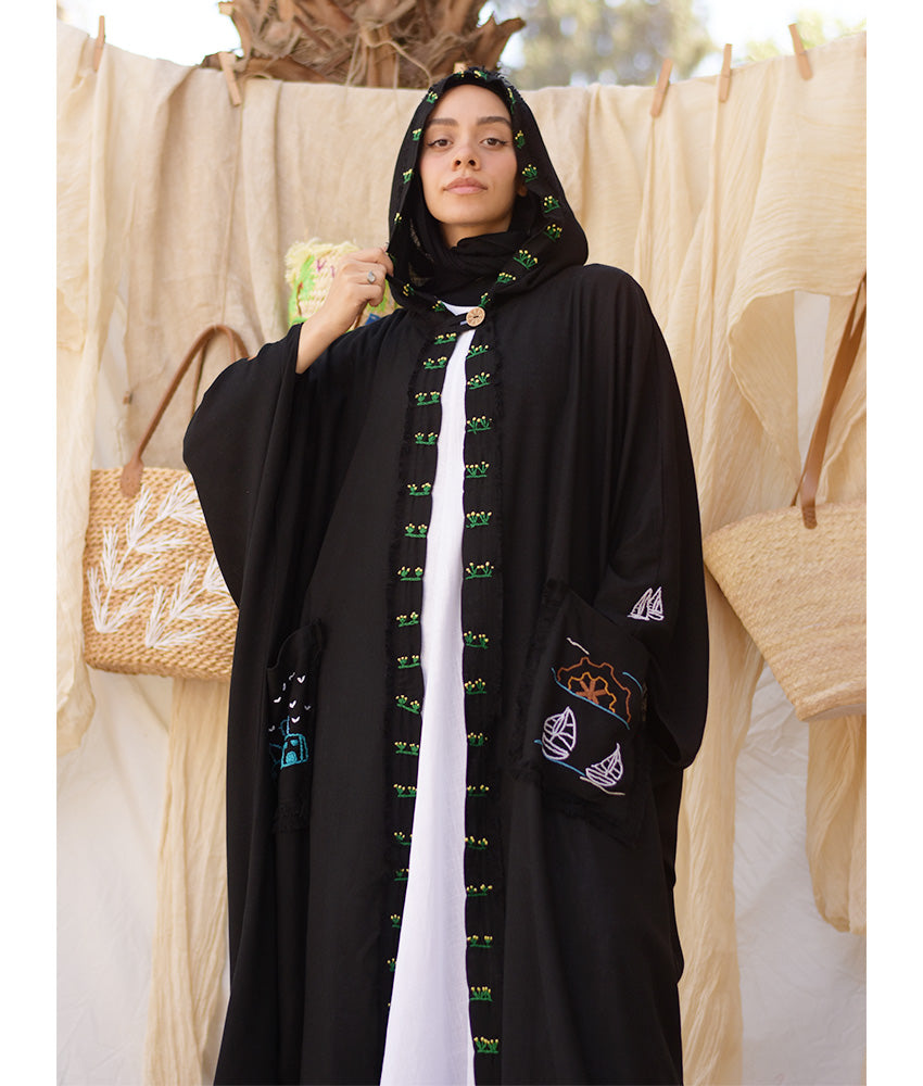 Black Hand Embroidered Linen Cardigan/Abaya with Hoodie handmade in Egypt & available at Jozee Boutique.