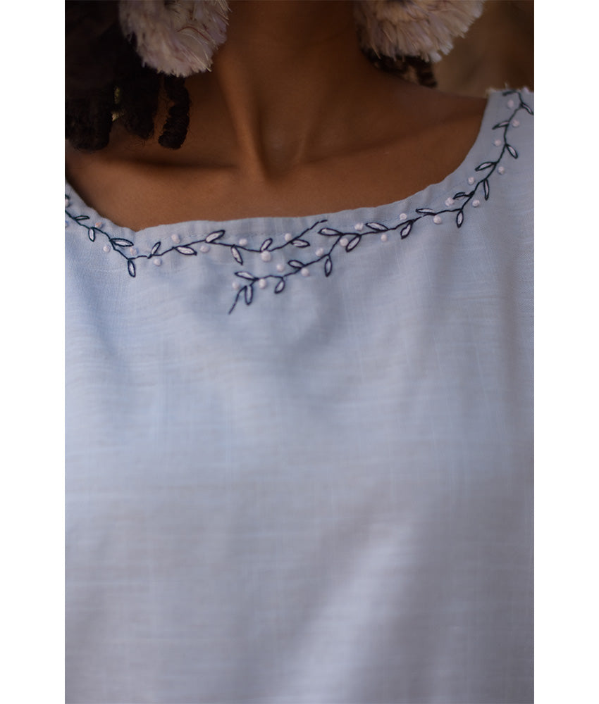Baby blue Linen Set with Hand Embroideries handmade in Egypt & available at Jozee Boutique.