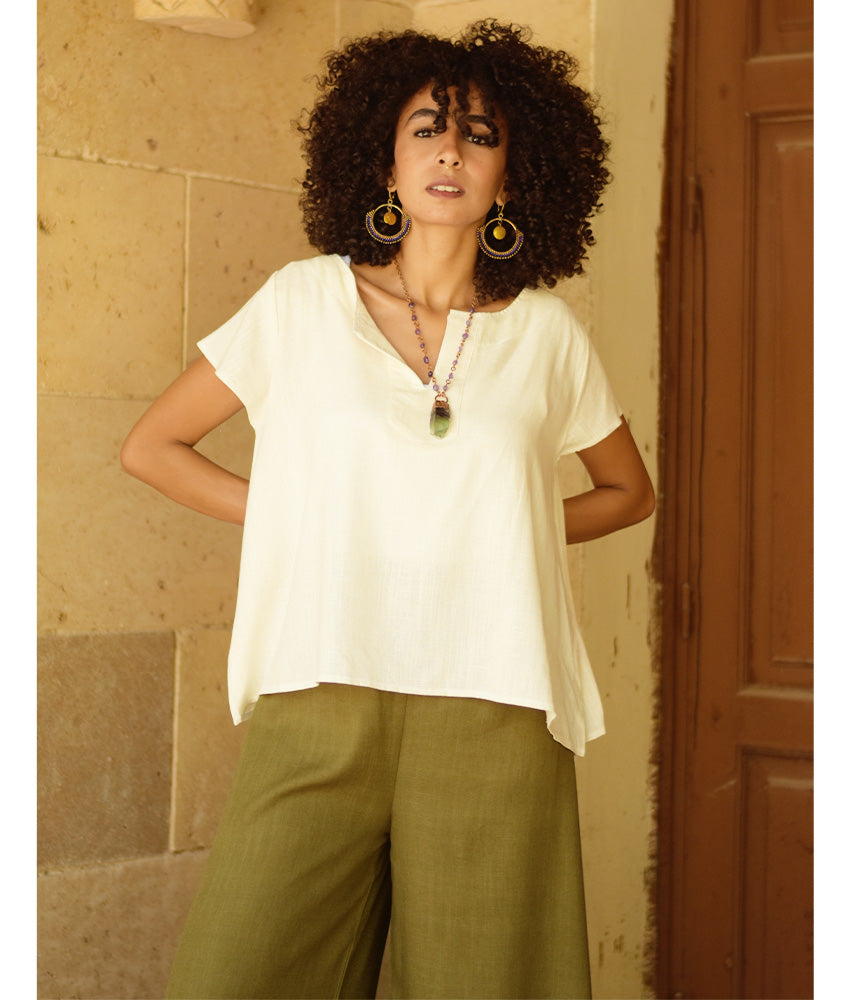 Off White Linen Relaxed Top handmade in Egypt & available at Jozee boutique