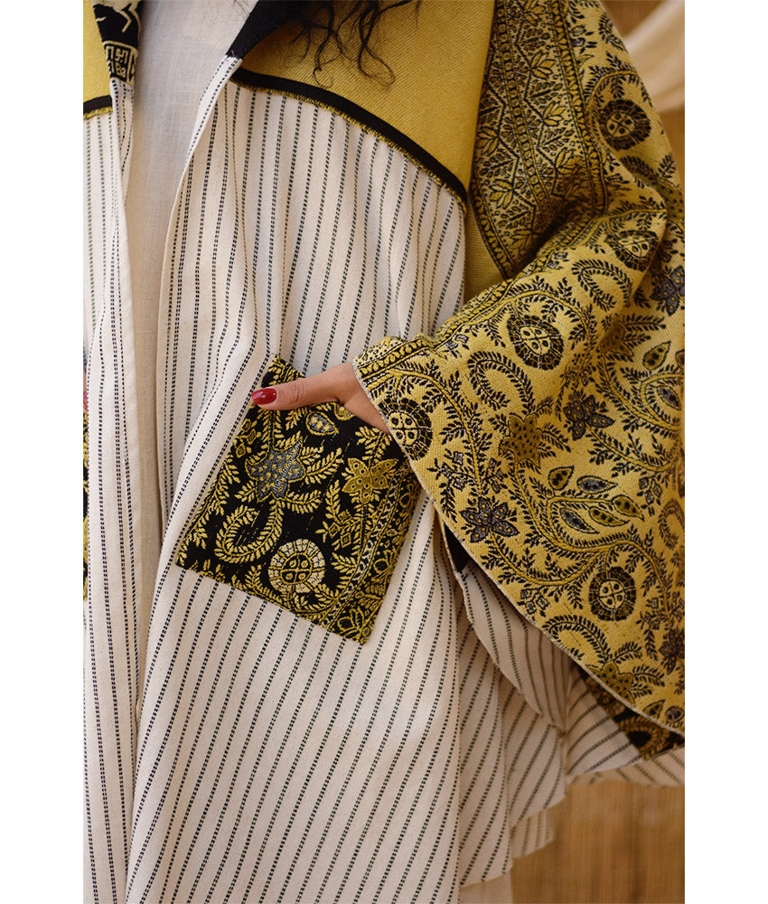 White, Black & Mustard Wool & Heavy Linen Double-Face Heritage Cape