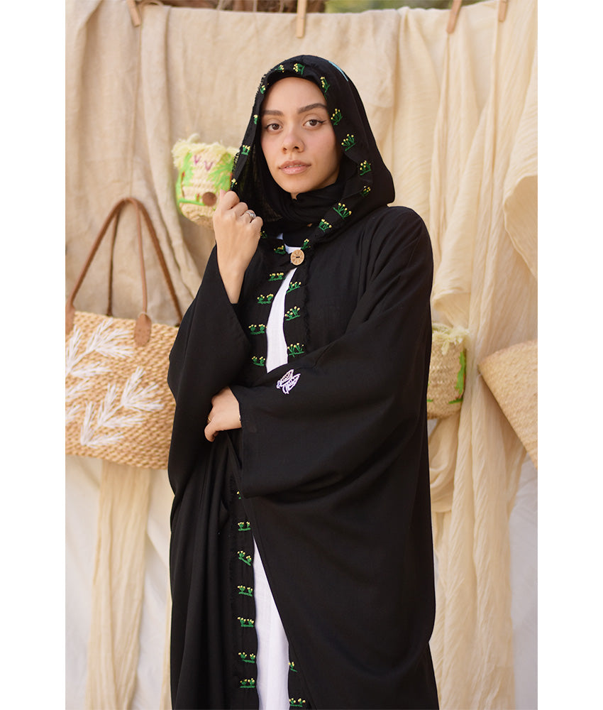 Black Hand Embroidered Linen Cardigan/Abaya with Hoodie handmade in Egypt & available at Jozee Boutique.