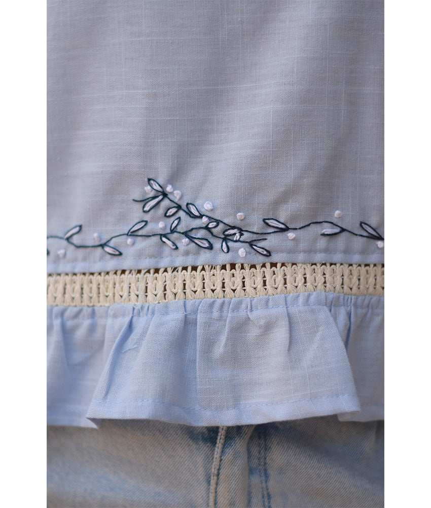 Baby blue Linen Set with Hand Embroideries handmade in Egypt & available at Jozee Boutique.