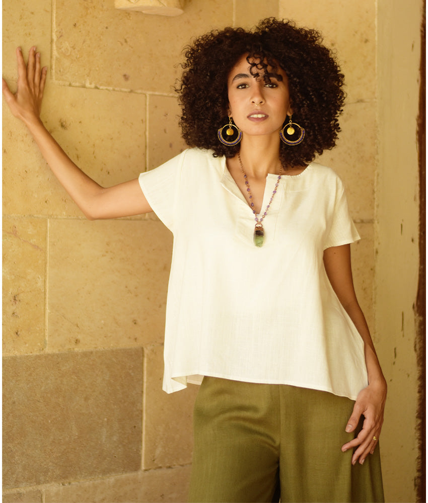 Off White Linen Relaxed Top handmade in Egypt & available at Jozee boutique