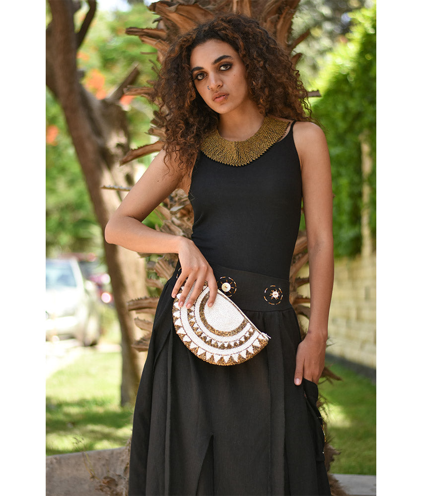 White & Gold Beaded Clutch handmade in Egypt & available at Jozee Boutique.