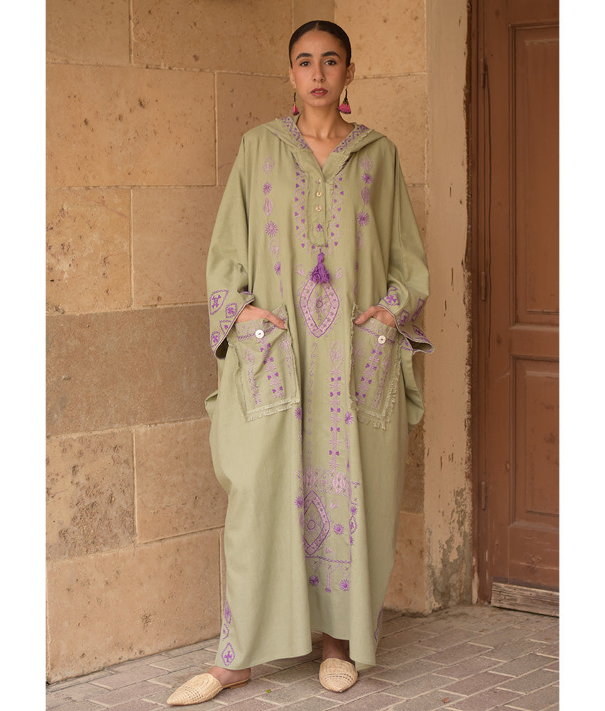 Light olive Siwa Embroidered Linen Kaftan with Hoodie handmade in Egypt & available at Jozee Boutique.