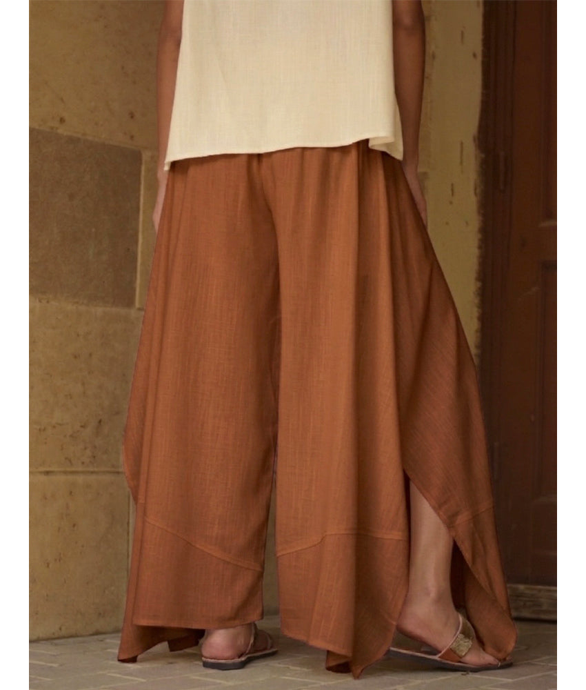 Cinnamon Brown Linen Draped Wide-Leg Pants handmade in Egypt & available in Jozee boutique