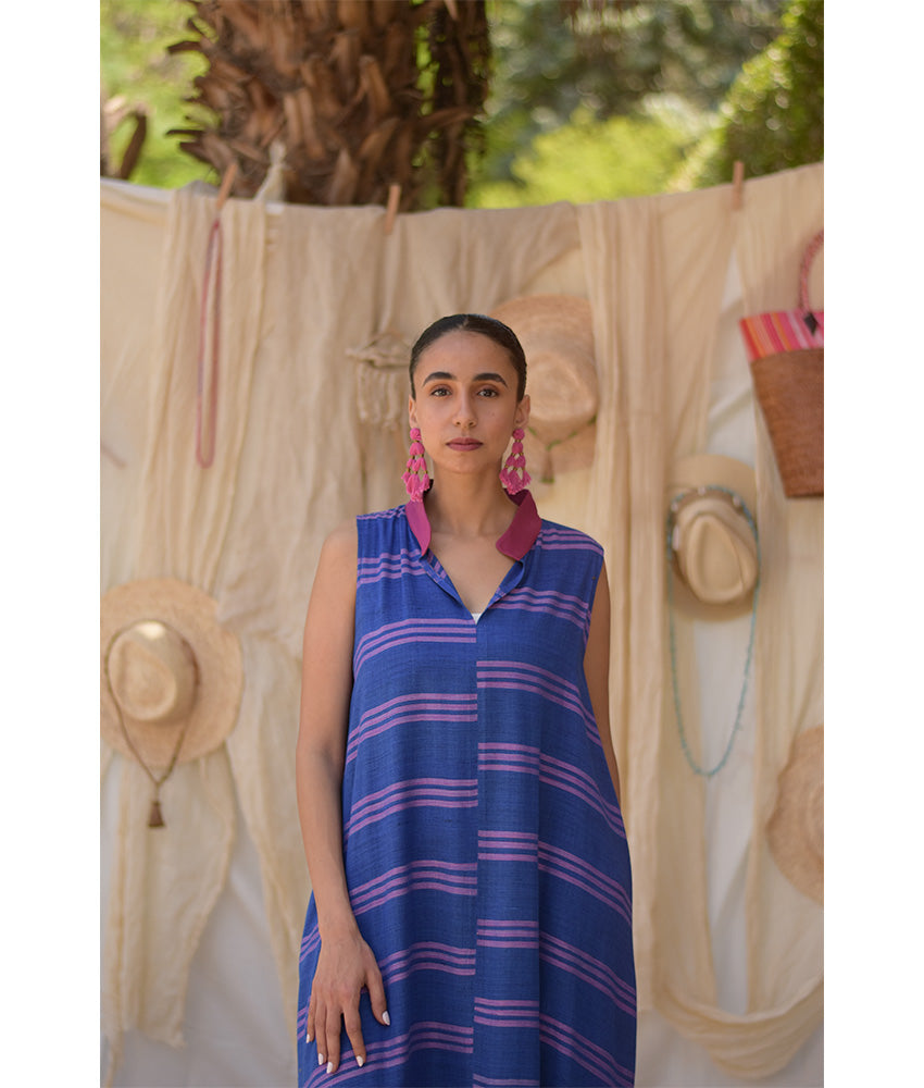 Blue & Fuchsia Handwoven Ruffle Dress handmade in Egypt & available in Jozee boutique