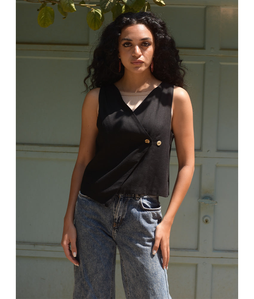 Black El Mahrousa Linen Wrap Vest handmade in Egypt & available at Jozee Boutique.