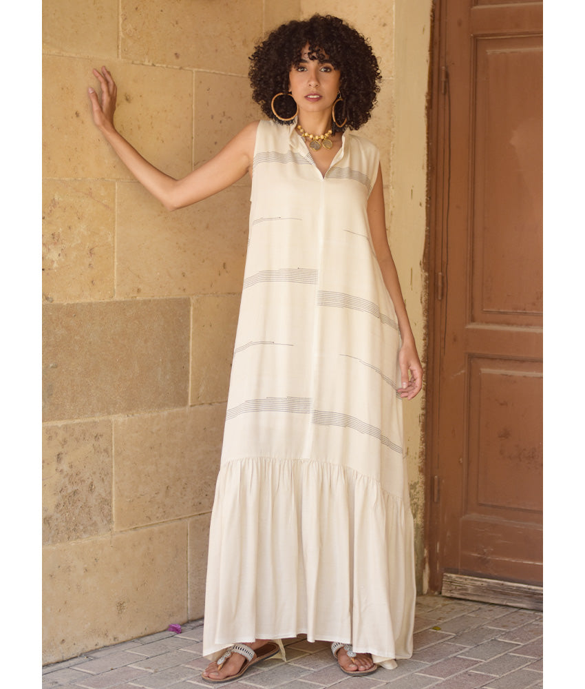 Off White Handwoven Ruffle Dress Handmade in Egypt & available at Jozee Boutique