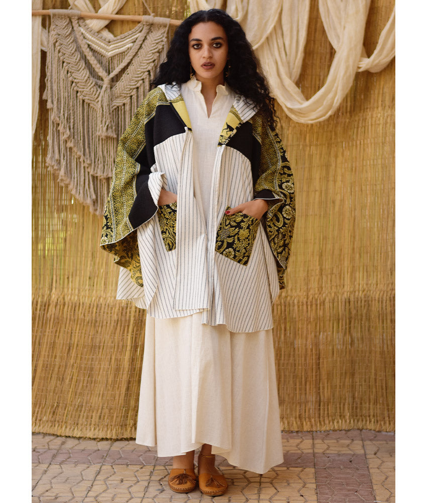 White, Black & Mustard Wool & Heavy Linen Double-Face Heritage Cape