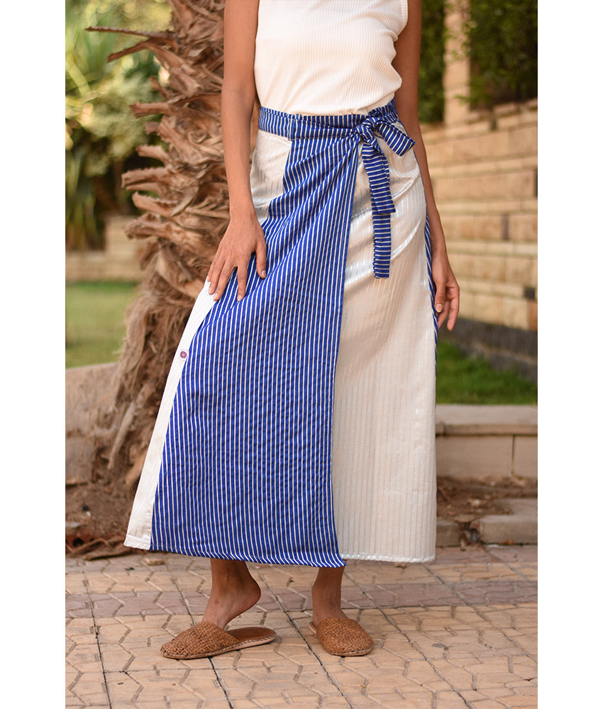 Blue & Silver Silk and Cotton Loom Woven Long Wrap Skirt handmade in Egypt & available at Jozee Boutique.
