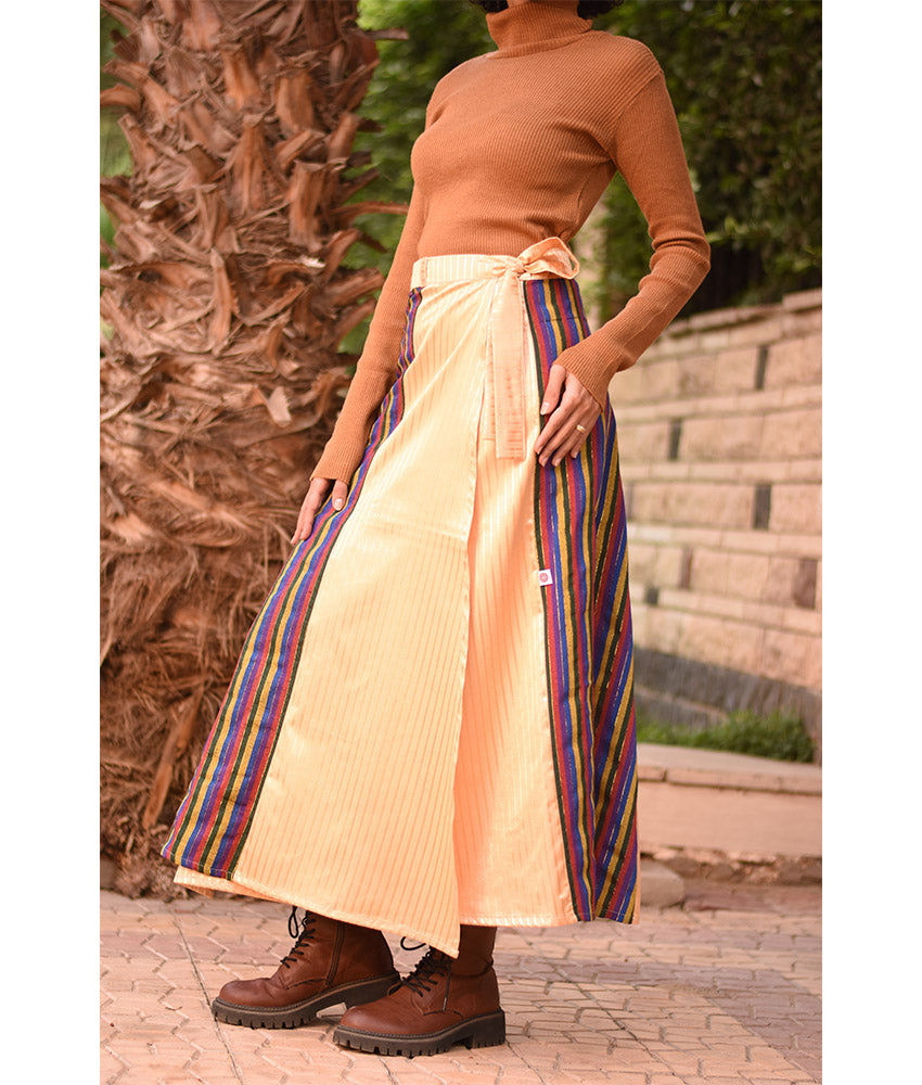 Multicolored & Gold Silk and Cotton Loom Woven Long Wrap Skirt handmade in Egypt & available at Jozee Boutique.