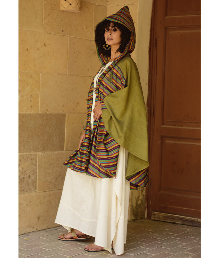 Olive Green & Multicolored Silk & Cotton Hooded Cape