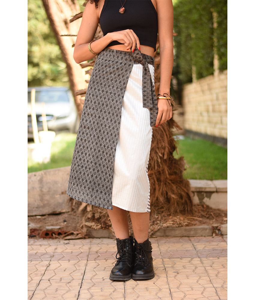 Silver & Shades of Grey Silk and Cotton Loom Woven Midi Wrap Skirt handmade in Egypt & available at Jozee Boutique.