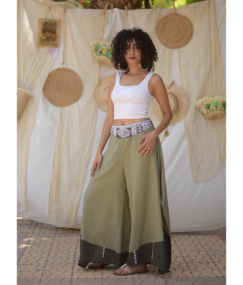 Light Olive Green Siwa Embroidered Flowy Pants handmade in Egypt & available at Jozee Boutique.