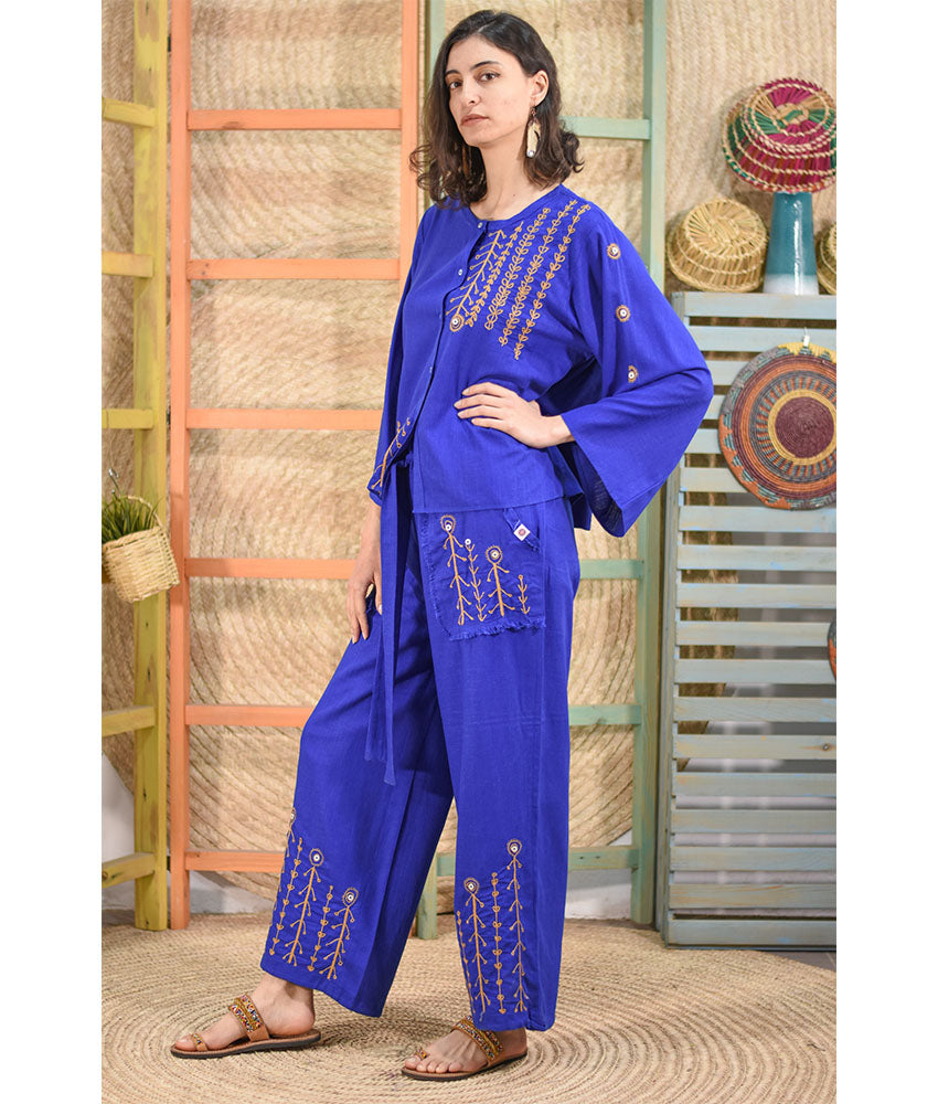 Electric blue Linen Siwa Embroidered Set handmade in Egypt & available at Jozee boutique