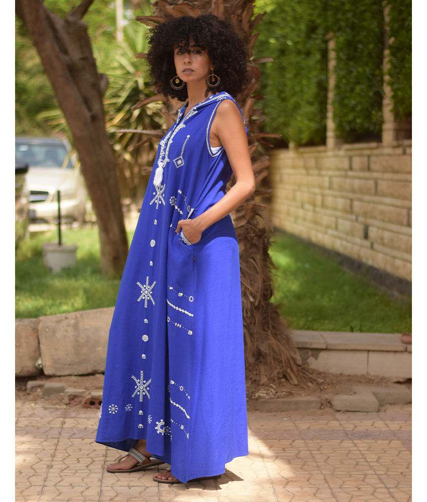 Electric Blue Siwa Heavily Embroidered Linen Dress with Hoodie handmade in Egypt & available at Jozee Boutique.