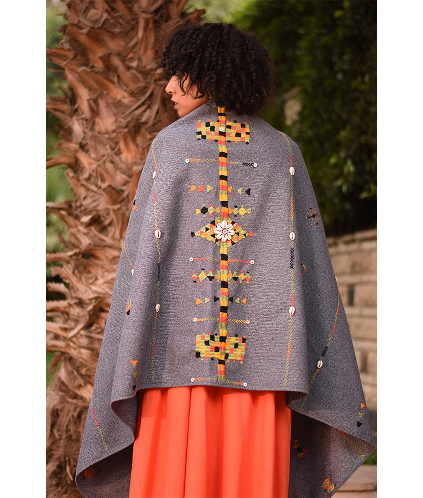 Grey Thin Wool Siwa Embroidered Shawl Handmade in Egypt & available at Jozee Boutique