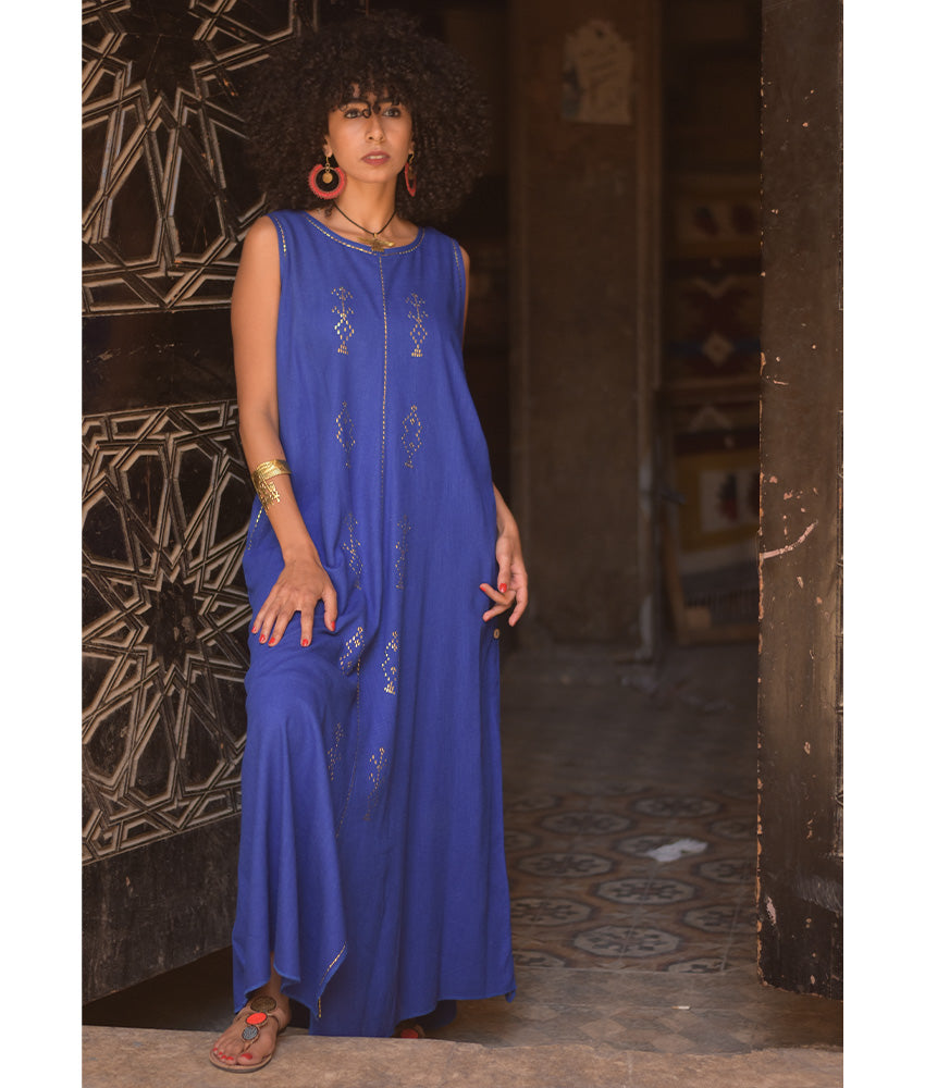 Electric Blue Linen Dress with Gold Tally Embroideries handmade in Egypt & available at Jozee boutique