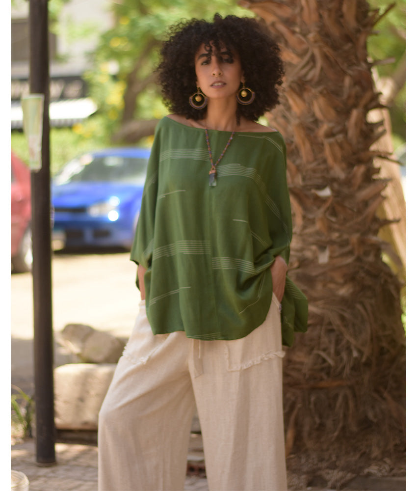 Olive green Viscose Oversized Top with Flowing Silhouette handmade in Egypt & available at Jozee Boutique.