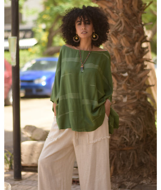Olive green Viscose Oversized Top with Flowing Silhouette handmade in Egypt & available at Jozee Boutique.