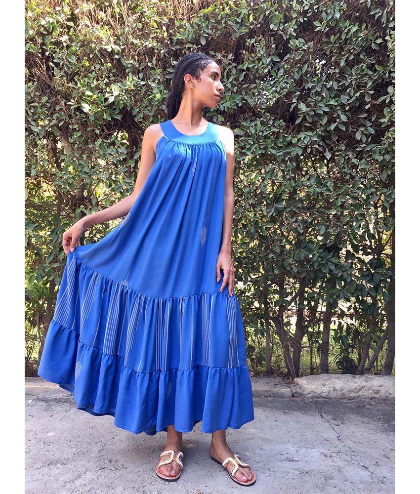 Shades of blue Flowy Viscose Dress handmade in Egypt & available in Jozee boutique