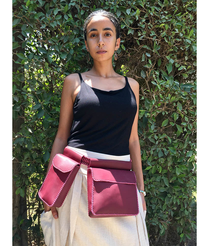 Burgundy Genuine Leather Waist Bag handmade in Egypt & available at Jozee Boutique.