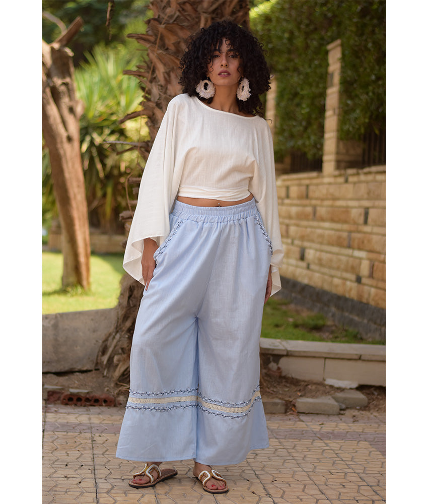 Baby blue Linen Set with Hand Embroideries handmade in Egypt & available at Jozee Boutique.