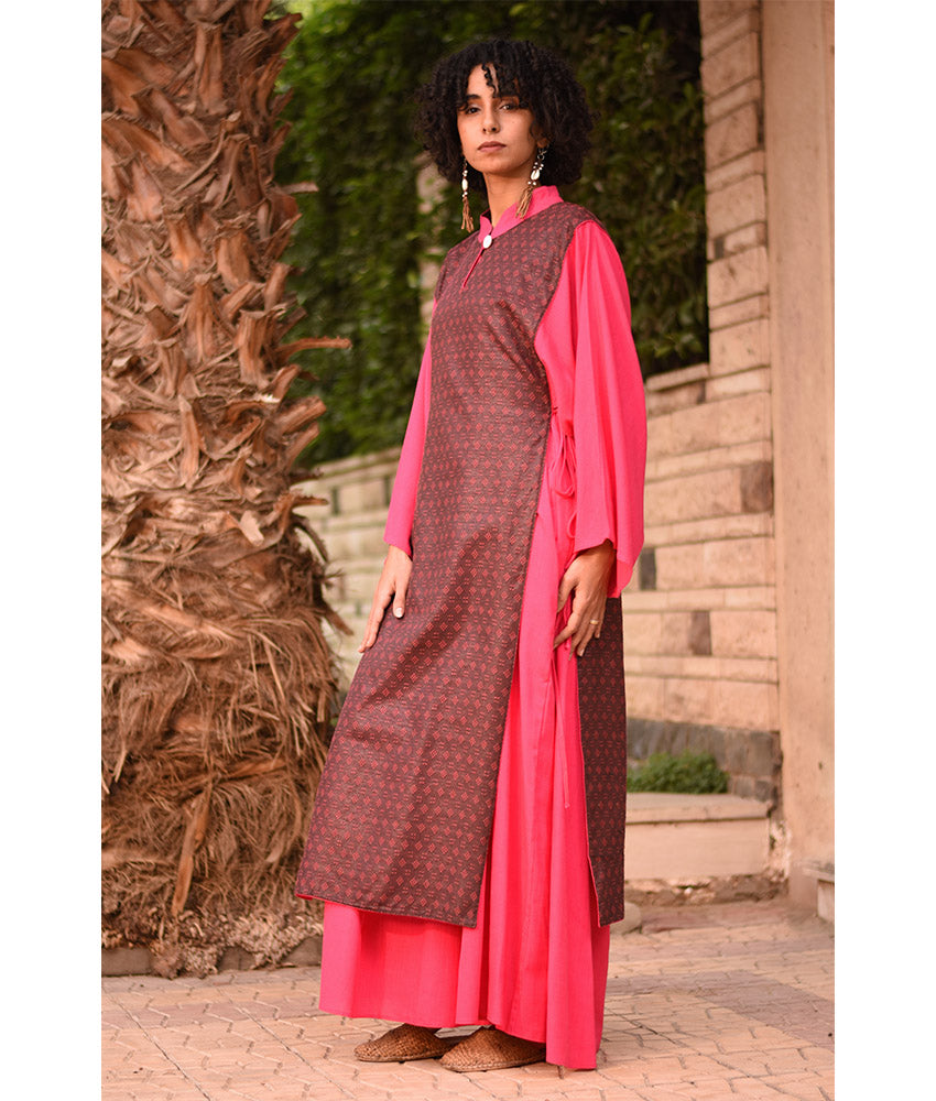 Fuchsia & Brownish Silk & Cotton Loom Woven Long Sleeve Tunic handmade in Egypt & available at Jozee Boutique.