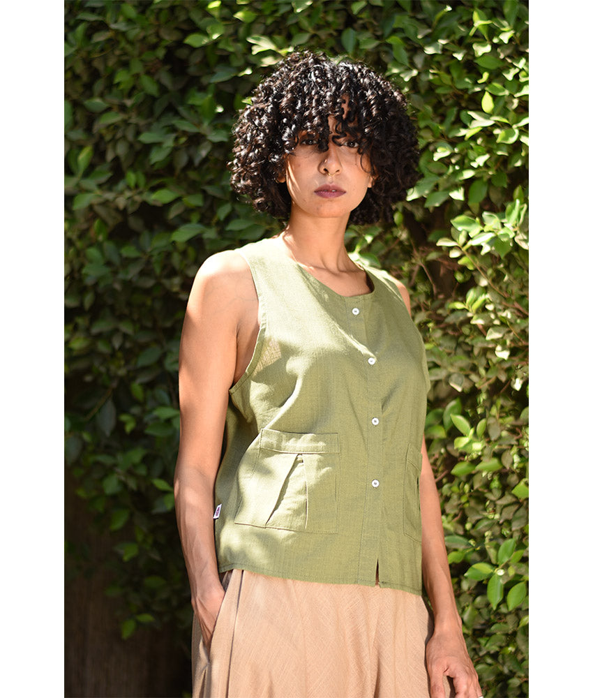 Army green Linen Top handmade in Egypt & available in Jozee boutique