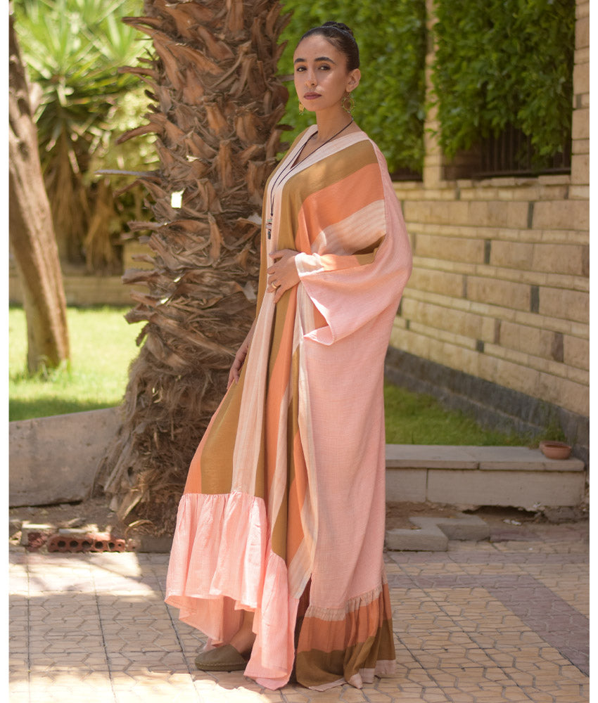 Peach & Multicolored Handwoven Ruffle Kaftan handmade in Egypt & available at Jozee boutique