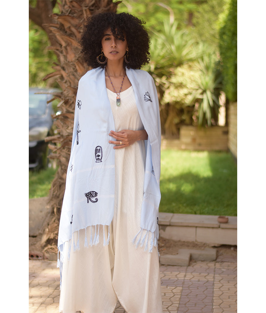White Viscose Shawl with Egyptian-Inspired Embroideries handmade in Egypt & available at Jozee boutique