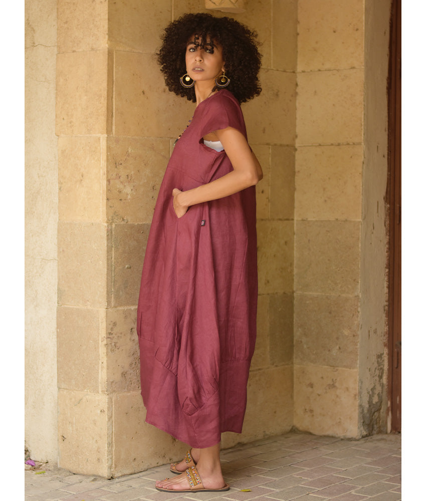 Burgundy Raw Linen Balloon Dress handmade in Egypt & available at Jozee boutique