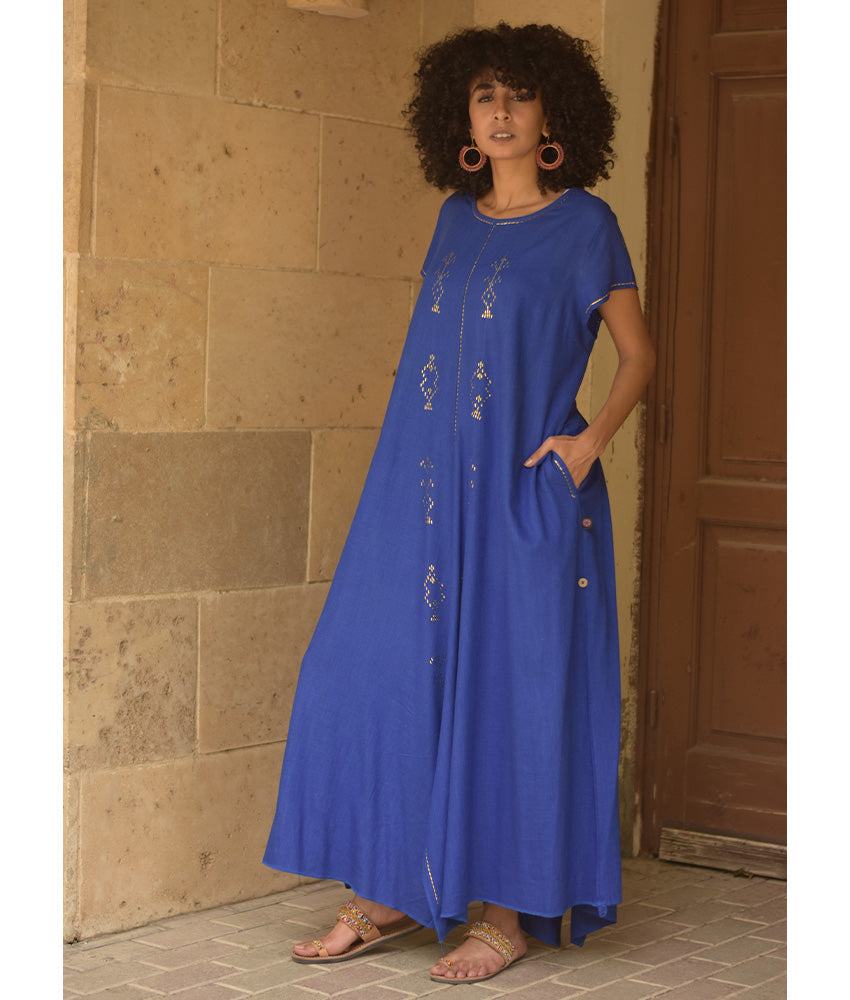 Electric Blue Linen Dress with Gold Tally Embroideries handmade in Egypt & available at Jozee boutique