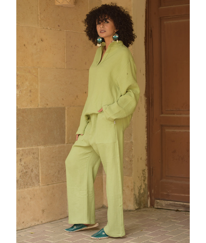 Light Olive Green Cotton Textured Oversized Top handmade in Egypt & available at Jozee boutique